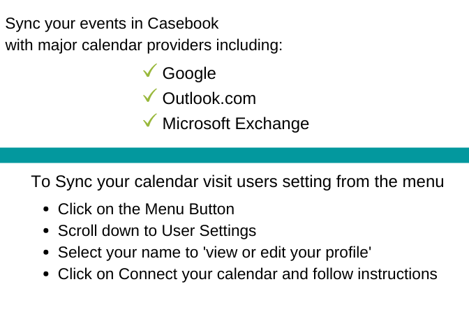 Sync your events in Casebook with major calendar providers including